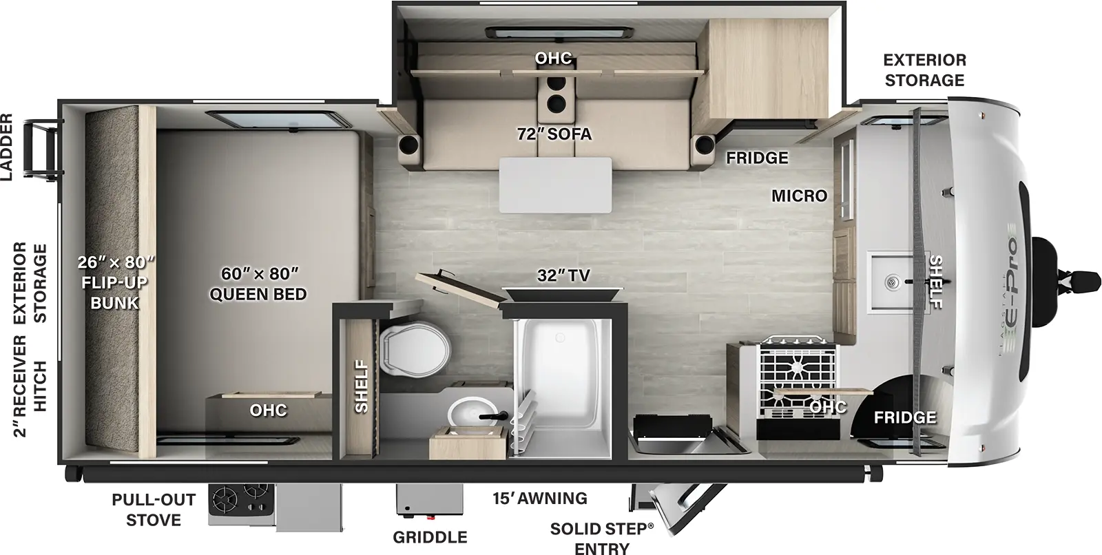 The E20FKS has one slideout and one entry. Exterior features storage, solid step entry, refrigerator, 15 foot awning, griddle, pull-out stove, and rear ladder, storage and 2 inch receiver hitch. Interior layout front to back: kitchen counter with sink and overhead cabinet wraps to door side with cooktop and entry; off-door side slideout with refrigerator, sofa with table, and overhead cabinet; door side full bathroom with shelf; TV along wall opposite sofa; rear side-facing queen bed with door side overhead cabinet, and rear flip-up bunk above.